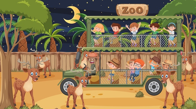 Safari bij nachtscène met veel kinderen die naar de luipaardgroep kijken