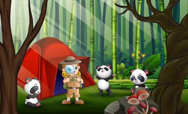 Un ragazzo safari e tre panda nella foresta di bambù