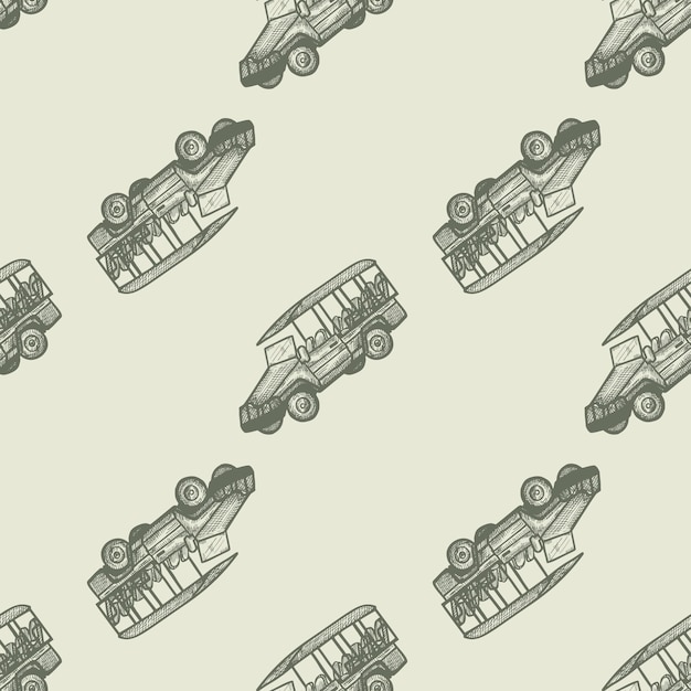 Safari bus engraved seamless pattern Vintage adventure off road car in hand drawn style