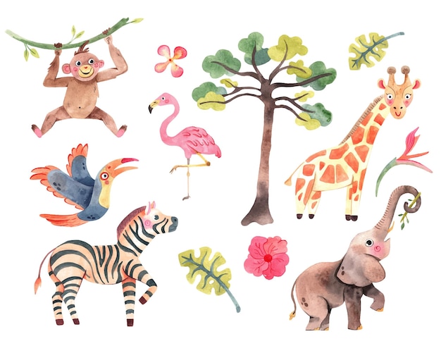 Vettore collezione safari con giraffa, scimmia, zebra, elefante e tucano, simpatici animali dell'acquerello