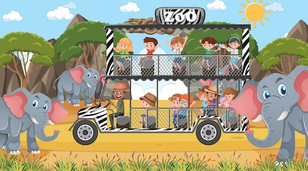 Safari in scena diurna con bambini che guardano un gruppo di elefanti