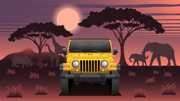 Вектор safari expedition suv с животными и луной