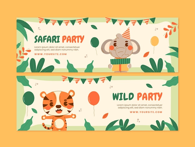 Vector safari-feest met sjabloon voor horizontale banner met wilde dieren