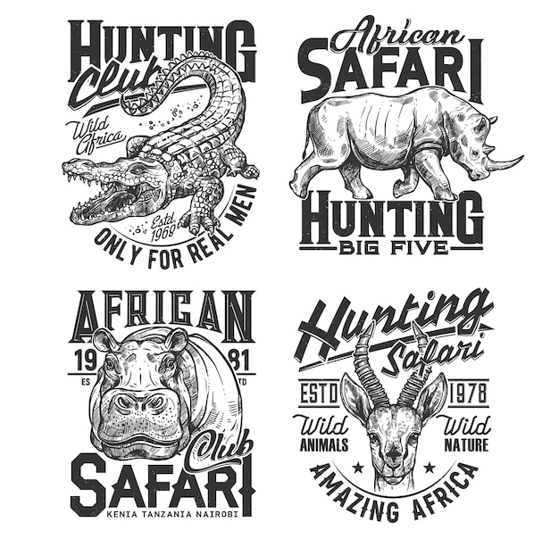 Safari jachtclub t-shirt prints, dieren trofee. savanne jagen