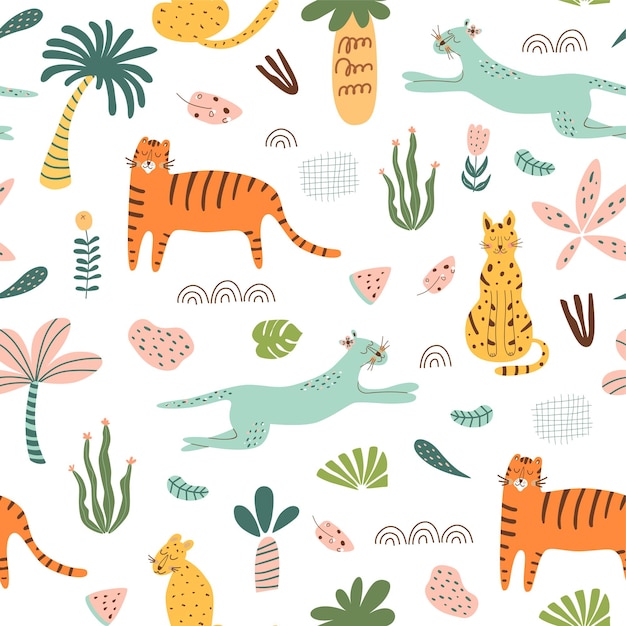 Safari kinderen patroon grappig jungle naadloos patroon palmbomen safari luipaard tijger cactus doodle textie achtergrond