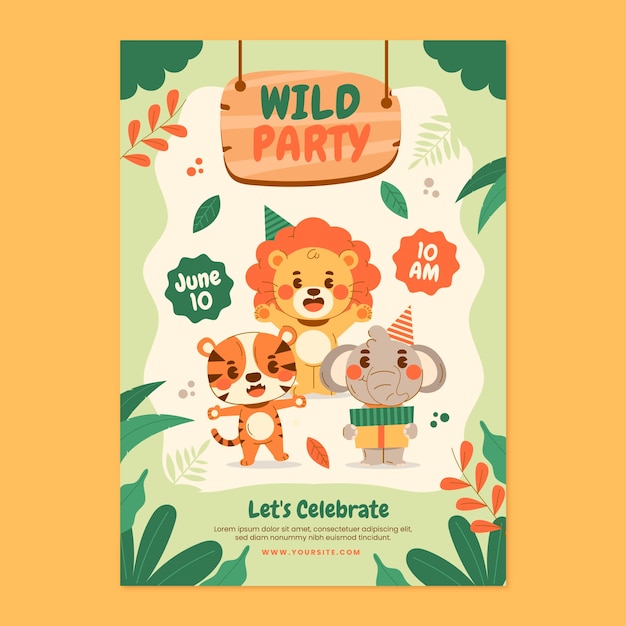 Safari party with wild animals vertical poster template
