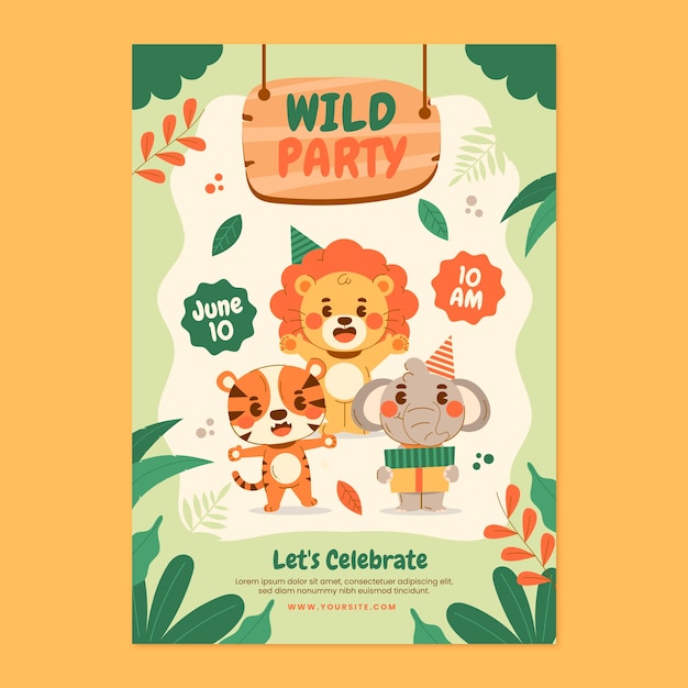 Vector safari party with wild animals vertical poster template