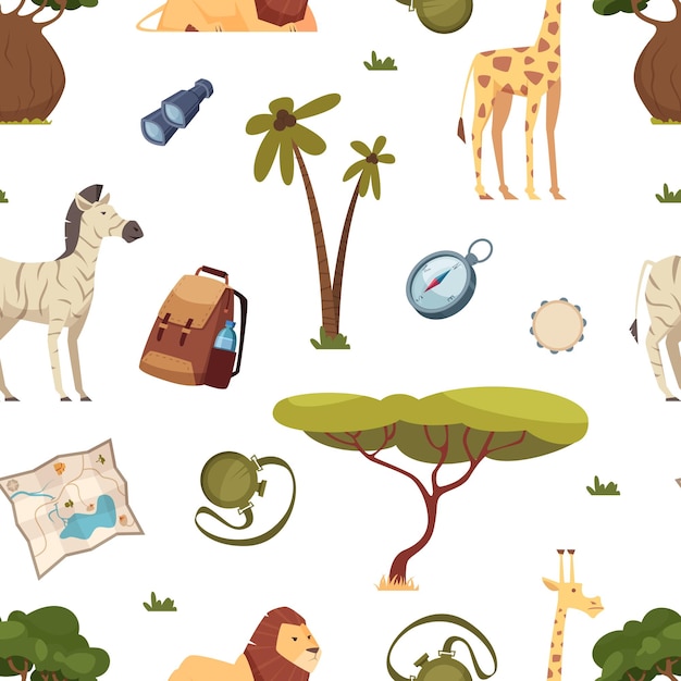 Vector safari pattern africa travel leo giraffe and zebra tree and tourism accessories vector seamless texture