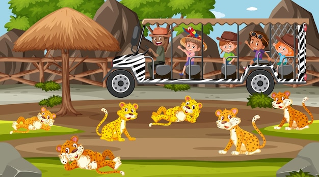 Safari scene with kids on tourist car watching leopard group