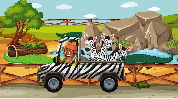 Vector safari scene with many zebras on a truck