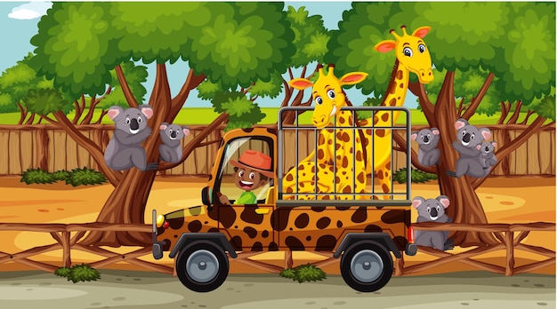 Сцена сафари с двумя жирафами в машине в клетке