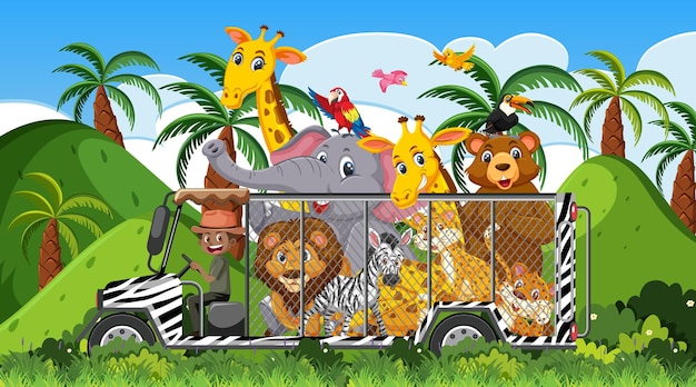 Vector safari scene with wild animals in the cage car