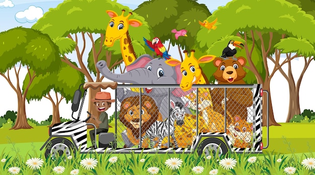 Vector safari scene with wild animals in the cage car