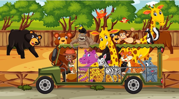 Safari scene with wild animals in the car