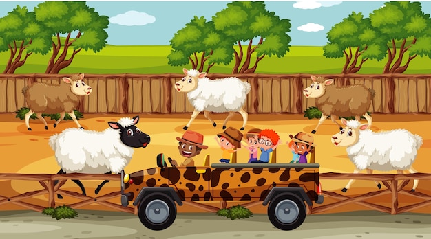 Safari scenes with many sheeps and kids cartoon character