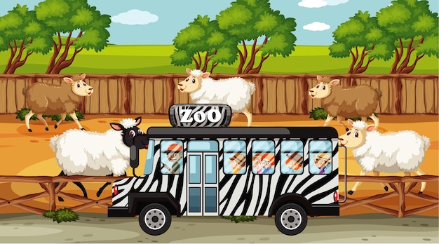 Safari scenes with many sheeps and kids cartoon character