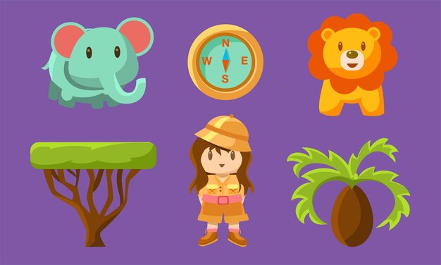 Vector safari symbols set cute african animals trees and girl in safari outfit vector illustration on purple background