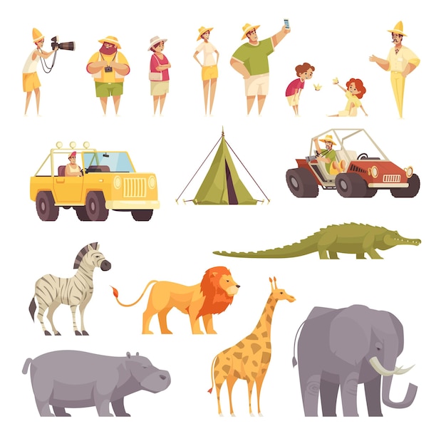 Vector safari travel funny flat icons collection with tourists jeep vehicle tent wild african animals isolated vector illustration