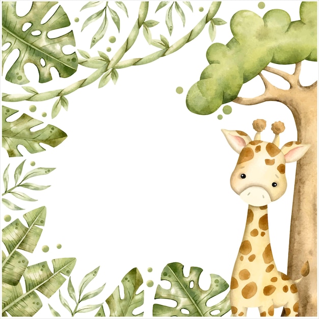 Safari watercolor handdrawn illustration frame with baby giraffe baobab and tropical leaves creeper