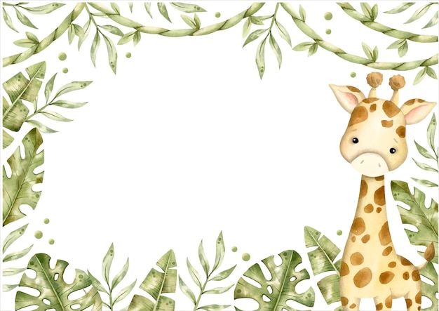 Safari watercolor handdrawn illustration frame with baby giraffe and tropical leaves creeper