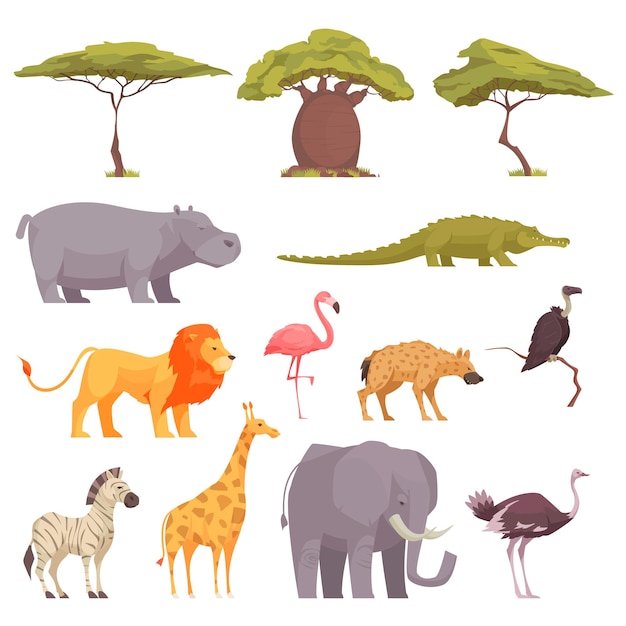 Vector safari wild animals birds trees flat icons collection with baobab acacia crocodile zebra flamingo lion vector illustration