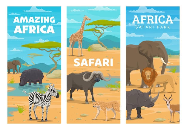 Safarijacht of Afrikaanse dieren parkjager sport vectorbanners met olifant en zebra Jachtseizoen in Afrikaanse savanne op wilde nijlpaardantilope en leeuw met cheetah of buffelos