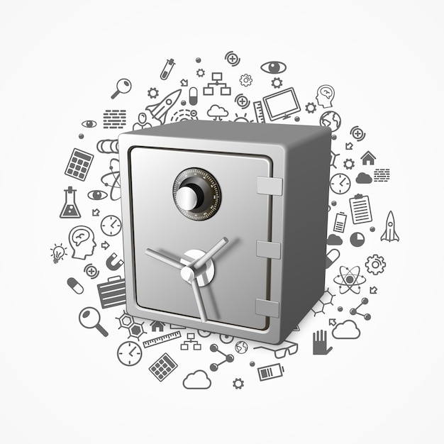 Safe 3d lock protection technology many icons, vector illustration