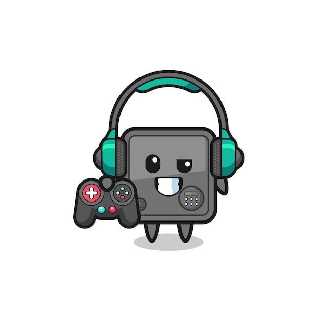 Vector safe box gamer mascot holding a game controller  cute design