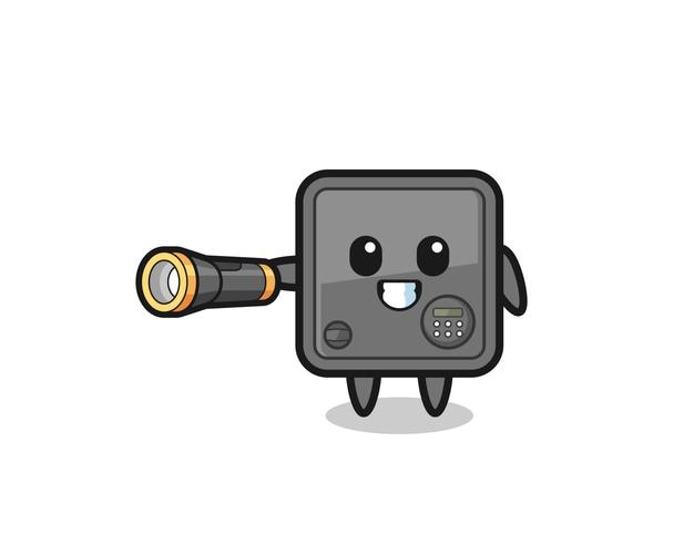 Safe box mascot holding flashlight