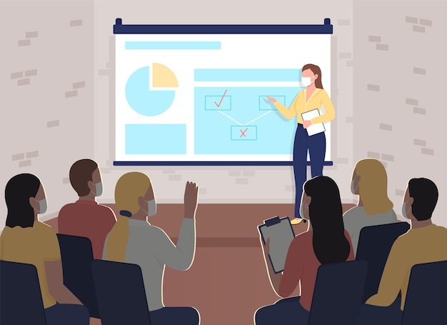 safe business event during pandemic flat color vector illustration. professional training in marketing. businesspeople in face masks 2d cartoon characters with office interior on background