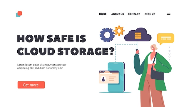 Modello di pagina di destinazione di archiviazione cloud sicura dati personali sicurezza informatica nella protezione di internet uso del personaggio smartphone