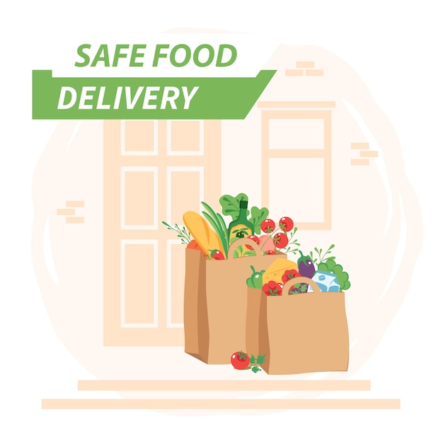 Vector safe contactless online delivery to home during quarantine. groceries in bag left at front door.