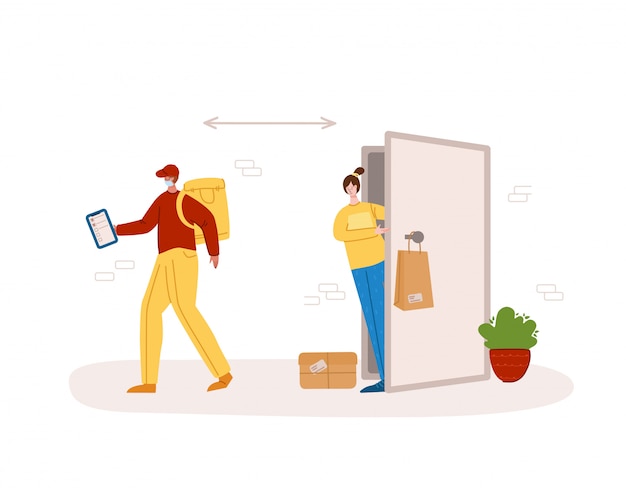 Safe delivery concept - contactless delivery of products or parcels to home to front door, express courier service