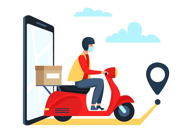 Safe delivery concept, delivery man on red scooter, moped, motorcycle.  illustration in flat style