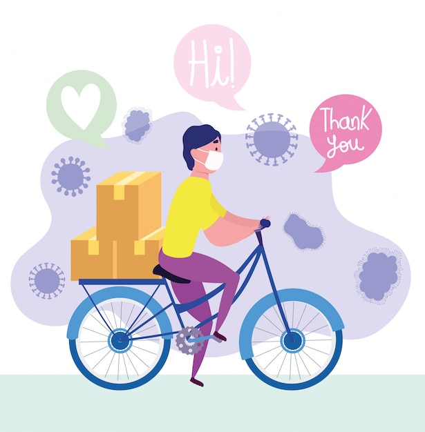 safe delivery at home during coronavirus covid-19, courier man riding bike with medical mask and boxes illustration