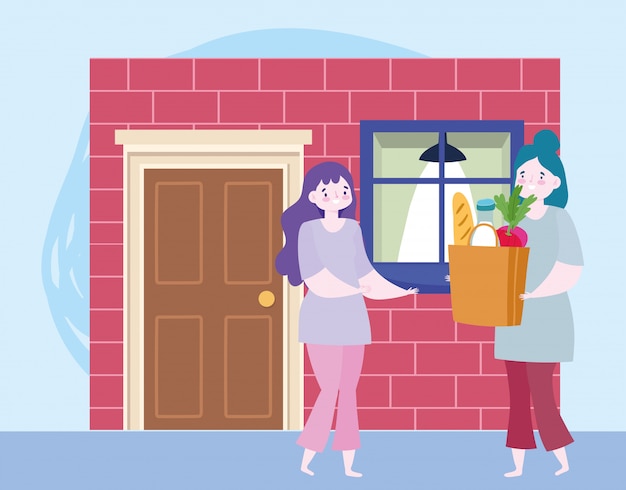 безопасная доставка на дом во время коронавируса covid-19, женщины с продуктовой сумкой в дверях дома иллюстрации