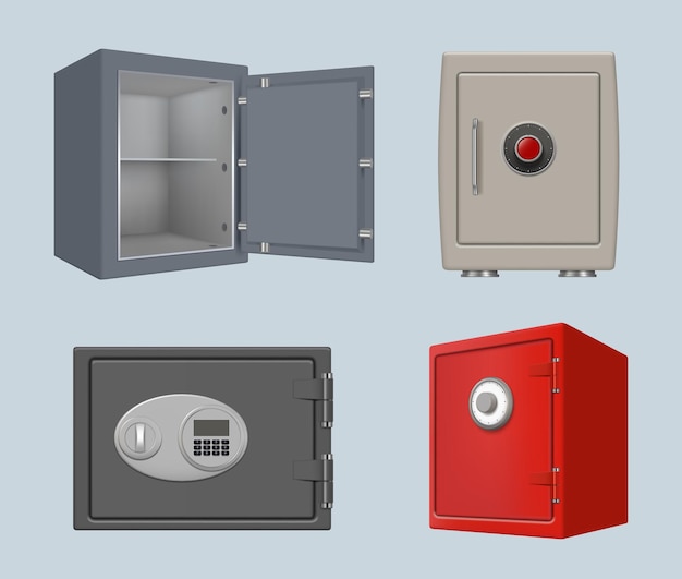 Safe deposit security steel box with protection code big bank door locker protect your personal money and treasures decent vector realistic illustratioons