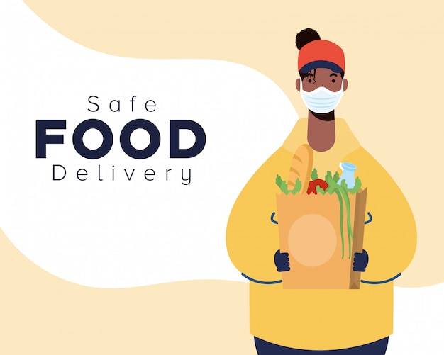 Vector safe food delivery afro female worker with groceries bag