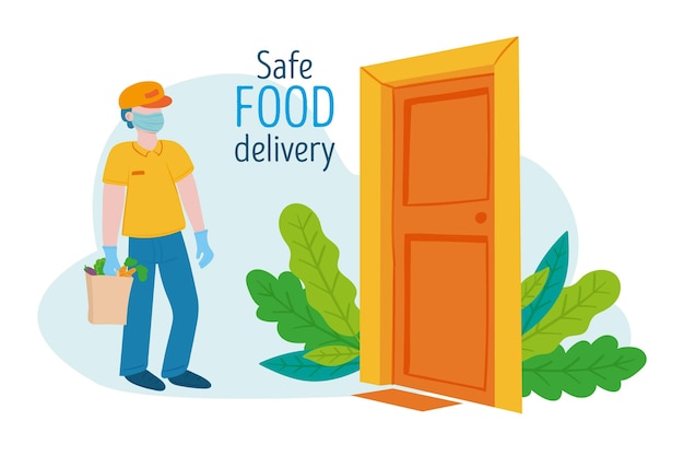 Vector safe food delivery courier at the door