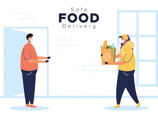 Безопасная доставка еды работница с продуктовой сумкой и клиентом
