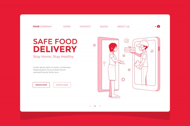Иллюстрация целевой страницы службы безопасной доставки еды, заказ пиццы из концепции мобильной электронной коммерции