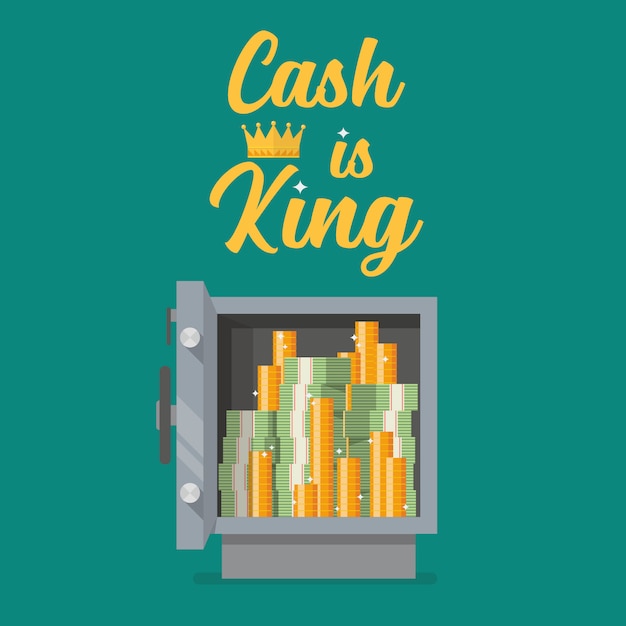 Vector safe full of money with text cash is king