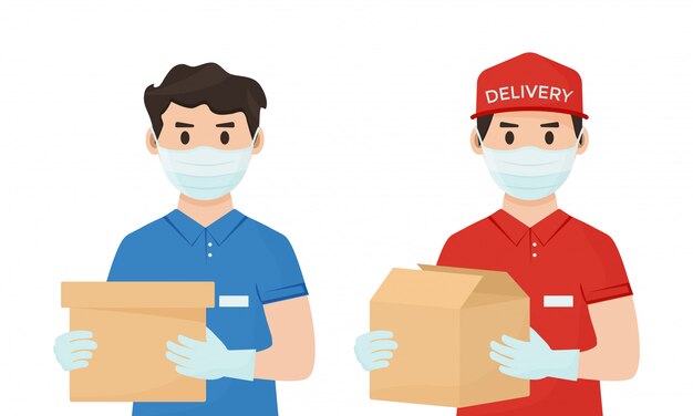 Safe goods delivery. Coronavirus protection. Couriers in medical masks.  illustration