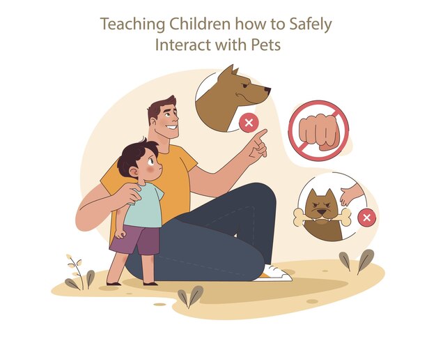 Вектор Концепция безопасного взаимодействия отец учит своего ребенка правильному подходу к домашним животным, обеспечивая безопасное