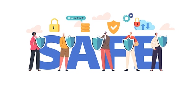 Safe Internet Privacy Data Protection in Internet Virtual Private Network Concept Characters with Laptop Shield