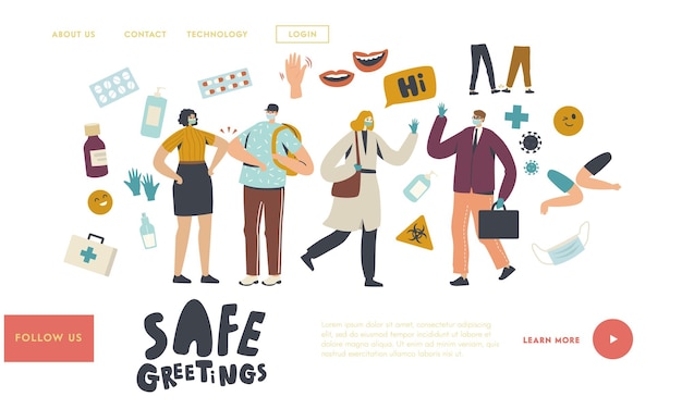 Safe Noncontact Greet Landing Page Template. Friends or Colleagues Characters Alternative Greeting Touching Elbows and Waving Hands During Coronavirus Epidemic. Linear People Vector Illustration
