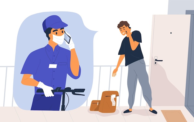 Safe shipping, contactless delivery concept. Man receiving order or groceries during quarantine. Deliveryman in medical mask and gloves call the customer. Vector illustration in flat cartoon style.