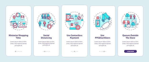 Safe shopping during covid tips onboarding mobile app page screen with concepts