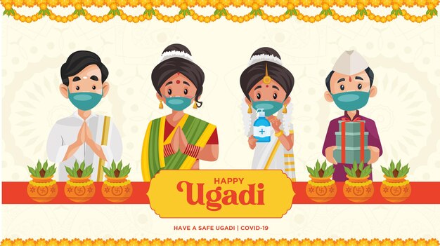 Safe ugadi illustration with indian people wearing mask happy ugadi indian new year festival