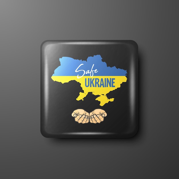 Безопасная Украина Пальмы с украинской картой и значком на кнопке флага с антивоенным призывом. Протест в поддержку украинского лозунга. Векторная иллюстрация